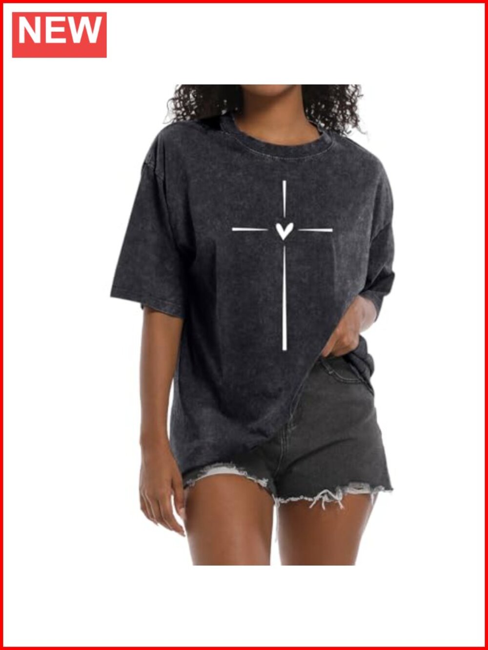 Oversized Christian Faith Cross Heart Graphic Tee Acid Wash Religious Top